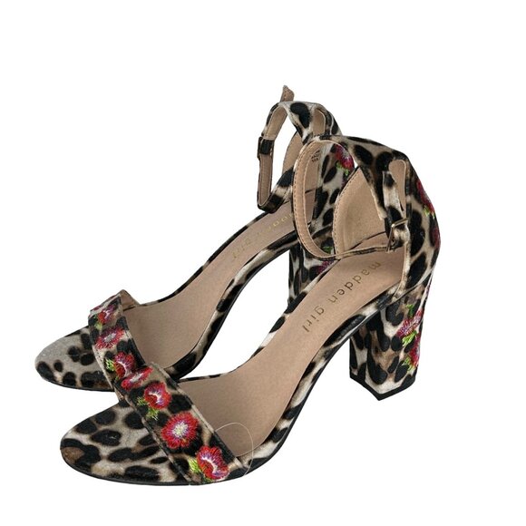 Madden Girl Behave 6.5 Floral Embroidered Velvet Animal Print Block Heel Sandals - Picture 6 of 14